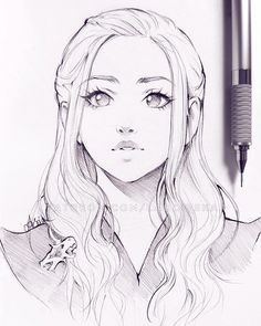 a pencil drawing of a girl with long hair and a dragon on her shoulder, next to a pen