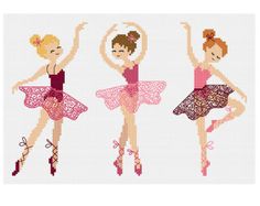 three ballerinas cross stitched together in pink and red, each with their own pattern