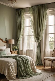 a bedroom with green walls and curtains