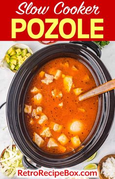 slow cooker pozole recipe with text overlay