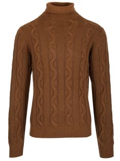 Brown turtleneck in wool silk and cashmere cable-knit with ribbed hems from Al Duca d'Aosta. Brown Fine Knit Turtleneck For Winter, Winter Brown Fine Knit Turtleneck, Casual Cable Knit Turtleneck With Funnel Neck, Classic Brown Ribbed Sweater, Casual Cashmere Turtleneck With Ribbed Collar, Fall Cable Knit Turtleneck Polo Sweater, Fall Turtleneck Cable Knit Polo Sweater, Casual Ribbed Cashmere Turtleneck, Brown Cable Knit Turtleneck For Fall