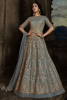 Designer Anarkali Suit Stitching Option - We will email you the measurement guide to confirm your size. FABRIC: Net, Georgette, Santoon Bottom and inner DUPPATA FABRIC: Net, Nazmin COLOR: Grey WORK: Heavy Embroidery SIZE: Can be stitched up-to 48" inches The product will be shipped within 1 - 2 weeks from the date of purchase. Product is returnable if un-Stitched This product qualifies for free shipping For any Rush/Urgent orders please email us at customercare@desiroyale.com We will try our bes Net Dress Design, Anarkali Wedding, Grey Anarkali, Wedding Salwar Suits, Bridal Anarkali, Sonal Chauhan, Wedding Salwar Kameez, Blue Anarkali, Net Gowns