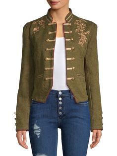 Free People's piped band jacket marches to the beat of its own fashion drummer in textured cotton jacquard and gilded embroidery. Cropped silhouette; hits above waist Stand collar; open front Textured finish; decorative non-functional buttons at front & cuffs; metallic embroidery throughout; solid piping Faux pockets 100% cotton Hand washable Imported Fitted Winter Outerwear With Gold Embroidery, Embroidered Moss, Band Jacket, Jacquard Jacket, Michael Kors Men, Tommy Hilfiger Jackets, Mens Windbreaker, Jacket Parka, Marching Band