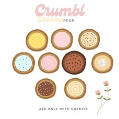 a poster with different types of donuts on it and the words crumbl cookie prop