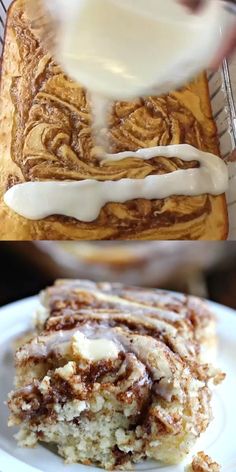 cinnamon roll with icing being drizzled over it