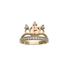 Precious Metal: 14 Karat Tri-Tone Gold Gemstone: Cubic Zirconia Stones may be upgraded upon request Height: 12.0 mm* Band's Width: 2.5 mm* Weight: 2.9 grams* Ring Size: 6¾** *All weights and measurements are approximate. Please contact us if you have further questions about alternate sizes or styles, availability, specifications, and personalization options. **Ring sizes are adjustable up to increments of 0.25. Contact us prior to or immediately after purchasing the ring. Elegant Rings With Diamond Accents For Birthday, 14k Gold Crown Design Anniversary Rings, Anniversary Crown-shaped Diamond Ring With Accents, Anniversary Crown Shaped 14k Gold Ring, Anniversary Crown Diamond Ring In White Gold, Elegant Diamond Ring For Birthday, Anniversary Diamond Ring With Crown Design, Tiara Ring, Birthday Crown