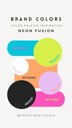 the brand colors for neon fashion, including black and white circles with colorful text on them