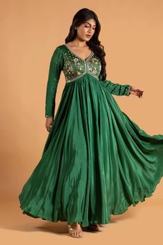 Bottle green anarkali with cutdana, sequin, bead embroidery in floral pattern. Paired with border embroidered sheer dupatta. - Aza Fashions Bollywood Style Embellished Green Anarkali Set, Bollywood Style Green Anarkali Set For Party, Green Embellished Anarkali Set For Navratri, Anarkali Green Sharara For Party, Green Anarkali Set For Eid Party, Green Bollywood Anarkali Set For Party, Embellished Green Dress For Navratri, Green Anarkali Set With Cutdana For Party, Green Anarkali Salwar Kameez For Party