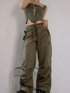 Ruched Vintage Baggy Cargo Pants - AnotherChill Tan Cargo Pants Outfit Street Styles, Tan Cargo Pants Outfit, Style Inspiration Trendy, Character Dnd, Tattoo Character, Cargo Pants Green, Wild Magic, High Waisted Cargo Pants, Black Thigh High Boots