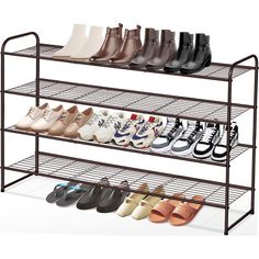 four tier shoe rack with six pairs of shoes on top and two rows of shoes below