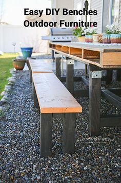 an outdoor table and bench made out of wood with the words easy diy benches outside furniture