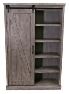 an open bookcase with sliding doors on the front and bottom, in grey wood