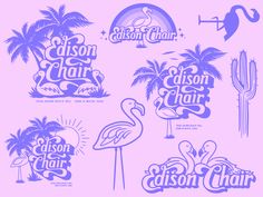 six different logos with flamingos and palm trees in the background, including an egreon