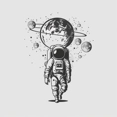 an astronaut is walking through space with the earth in his hand and planets around him