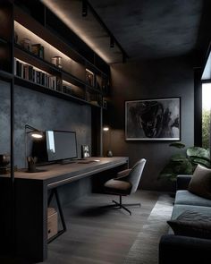 a room with a couch, desk and bookshelf next to a large window