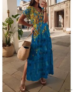 Casual Printed V-neck Maxi Dress, Casual Non-stretch Dress For Beach Season, Long Casual Shift Dress, Casual Multicolor Non-stretch Maxi Dress, Short Sleeve Maxi Dress For Beach Season, Non-stretch Short Sleeve Maxi Dress For Beach Season, Flowy Long Casual Maxi Dress, Casual Printed Maxi Dress For Beach Season, Casual Short Sleeve Maxi Dress For Beach Season