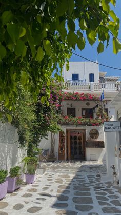 an alley way with potted plants and flowers on the outside wall, in front of a white building