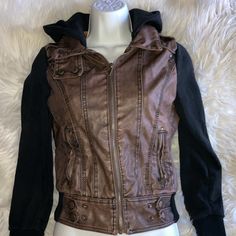 Nwt Boy Meets Girl 2fer Hoodie Jacket Faux Leather Size Small Chest 17 (Taken Flat) Length 19 (Shoulder To Hips) Arm Length 16 (Armpit To Cuff) Can Be Tightened At Waist With Snaps Smoke Free Home Bin: X5 Brown Hooded Jacket For Fall With Zipper Closure, Brown Hooded Jacket For Fall With Zipper, Brown Leather Jacket With Double-lined Hood For Fall, Brown Hooded Jacket With Zipper For Winter, Casual Hooded Faux Leather Outerwear, Winter Brown Hooded Jacket With Zipper, Brown Hooded Jacket For Fall Streetwear, Edgy Brown Outerwear For Streetwear, Edgy Brown Streetwear Outerwear