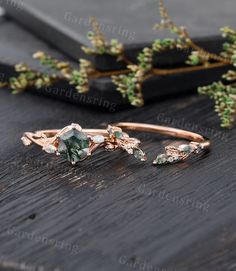 Hexagon cut Moss Agate engagement ring Set Rose gold Branch ring Marquise cut moissanite wedding band art deco leaf ring promise bridal set 【Ring Details】 Engagement Ring ✦Main stone: Moss Agate ✦Shape: Hexagon cut ✦Size: 6*6 mm ✦Side stones: Moissanite or Natural Diamonds ✦Carat: Approx 0.15 ct Wedding Band ✦Stones: Moss Agate & Lab Alexandrite & Moissanite ✦Carat: Approx 0.20 ct ✦Shank width: 1.8 mm/1.3mm ✦Metal: 925 sterling silver (Rose gold/Gold plated) and Solid 14 K/18 K gold(Rose gold/Wh Moss Agate Engagement Ring, Band Art, Branch Ring, Agate Engagement Ring, Ring Marquise, Moissanite Wedding Band, Leaf Ring, Engagement Ring Set, Ring Promise