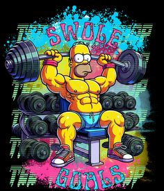 a cartoon character is doing squats on a bench with dumbbells in front of him