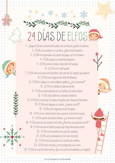 the spanish christmas list for children with santas and snowflakes on it's border