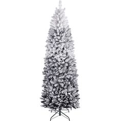 a white christmas tree with snow on it's top and the base is black and white