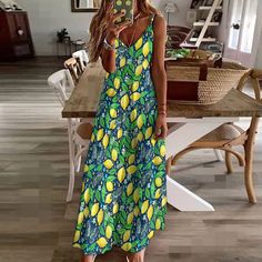 Summer Dress Lemon Botanical Print Ankle-length Slip Dress BBQ Party Casual Summer Dress Vibrant Summer Garden Party Dresses, Tropical Printed Sundress For Beach Season, Summer Tropical Printed Sundress, Tropical Printed Sundress For Summer, Printed Tropical Sundress For Summer, Floral Print Maxi Dress For Garden Party Vacation, Green Tropical Print Sundress For Beach, Summer Printed Sundress For Beach, Green Tropical Sundress For The Beach