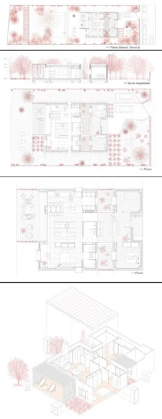 two diagrams showing different sections of the house, one in red and one in white