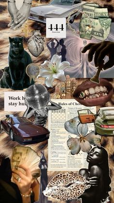 a collage of photos with various items and words on them, including money, books, cats, and other things