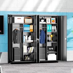 Locking metal locker cabinet with 4 shelves and a hanging rod can be used as both a storage cabinet and a clothes closet. The larger size (72''H x 36''W x18''D) fits your office, bedroom, basement, warehouse. Armoires & Wardrobes, Metal Lockers, Wardrobe Armoire, Clothes Closet, Online Furniture Stores, Furniture Store, Garden Furniture, Adjustable Shelving, Storage Cabinet