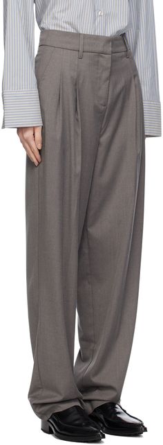 Wide-leg recycled polyester-blend twill trousers. · Belt loops · Four-pocket styling · Zip-fly · Darts at front · Partially lined Supplier color: Dark gray Semi-formal Wide-leg Pants With Pockets, Business Wide Leg Full Length Pants With Pockets, Full Length Wide Leg Pants With Pockets For Business, Wide Leg Pants With Pockets For Semi-formal Fall Occasions, Wide-leg Business Pants, Business Wide Leg Full-length Pants With Pockets, Semi-formal Wide-leg Dress Pants With Pockets, Formal Fall Pants With Side Pockets, Luxury Gray Trousers