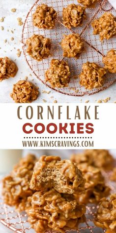 some cookies are cooling on a rack with the words cornflake cookies above them