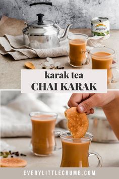 a person dipping some kind of food into a glass cup with the words karka tea chai karak on it