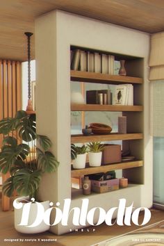 a book shelf filled with lots of books next to a potted plant on top of a hard wood floor