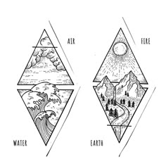 three different mountains and trees with the words water, air, and fire written in black ink