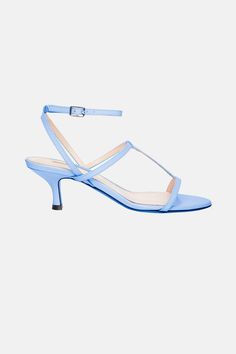 Novie Kitten Heel Sandal In Baby Blue Leather | Emilia Wickstead Blue Kitten Heels, Emilia Wickstead, Minimalist Designs, Spring Summer 2024, Kitten Heel, Gold Texture, Summer 2024, Blue Leather, White Leather