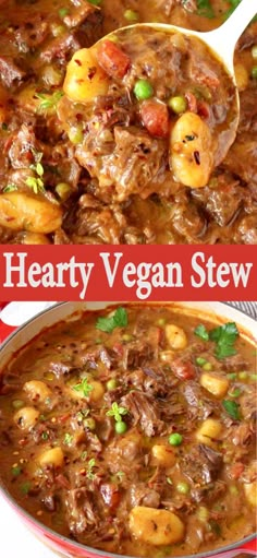 hearty vegan stew in a red bowl with spoons