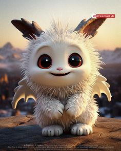 an animated white rabbit sitting on top of a rock with big eyes and large ears