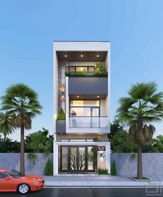 an artist's rendering of a two - story building with balconies and palm trees