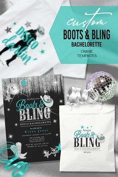 an advertisement for a book and bling party with disco balls, t - shirts, and other items