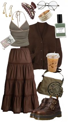 Boho brown outfit inspo #ootd #boho #brown #green #outfit #earth #inspo Brown Sun Dress, Cardigan Boho Outfit, Eathy Girl Outfits, Neutral Earthy Tones Outfits, Soft Brown Clothes Aesthetic, 90s Bohemian Style, Boho Outfits For Winter, Chubby Earthy Outfits, Boho Style Winter Fall Outfits