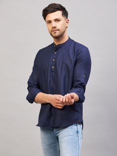 Vastramay Men's Blue Short Cotton Kurta A comfortable and stylish choice for casual wear, this short kurta is made from high-quality cotton fabric. It features a classic blue color and a short length, making it perfect for summer outings. Pair it with jeans or trousers for a relaxed yet fashionable look. Features: Comfortable cotton fabric Stylish short length Classic blue color Specifications: Brand: Vastramay Color: Blue Material: Cotton Style: Short Kurta Fit: Regular Material & Care: 100% Co Casual Indigo Kurta For Summer, Casual Cotton Kurta With Relaxed Fit, Casual Summer Blue Kurta, Casual Blue Summer Kurta, Blue Cotton Kurta With Relaxed Fit, Indigo Cotton Kurta For Summer, Summer Cotton Indigo Kurta, Summer Indigo Cotton Kurta, Short Kurta For Men