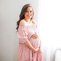 A solid hued maternity maxi dress featuring short bubble sleeves, an off shoulder neckline with an elastic band and tiered with ruffle trim. Off Shoulder Neckline, Maternity Maxi Dress, Maternity Maxi, Pregnancy Maxi Dress, Pregnancy Shoot, Maternity Clothes, Ruffle Trim, Elastic Band, Blush Pink