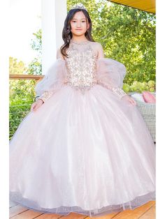 Introducing an exclusive girls' gown worthy of a princess. This Cinderella Couture Multi Color Mini Quinceaneara Glitter Tulle Ball Gown Dress features a halter neck line, a bodice adorned with sparkling gold applique, beading, and detachable sheer puff sleeves with buttons. It also features a corset back closure for easy entrance and maximum comfort, and has two puff sleeves included. With its super puffy silhouette, this elegant dress is truly fit for a fairytale. Its captivating design captur Long Puff Sleeve Dress, Puff Sleeve Gown, Beautiful Ball Gowns, Gold Applique, Tulle Balls, Ball Gown Dress, Puffy Skirt, Girls Applique, Girls Couture