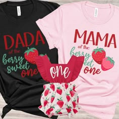 three shirts with the words mama and two strawberries on them, one in pink and one in black