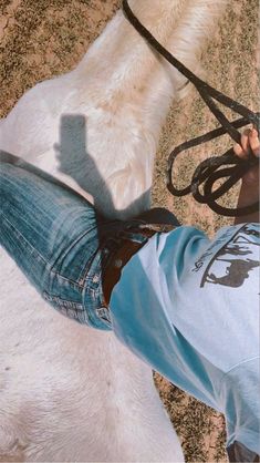 a person is petting a white dog with a leash on it's neck