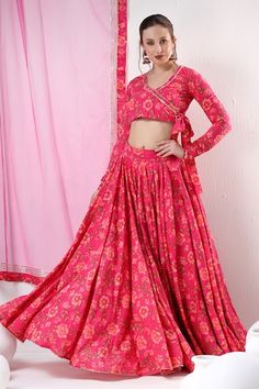 Pink cotton lehenga with floral print and gota lace embroidery. Comes with a blouse and an organza dupatta. - Aza Fashions Fitted Floral Print Traditional Wear For Reception, Fitted Floral Traditional Wear For Reception, Fitted Choli With Floral Print And Traditional Drape, Fitted Floral Print Lehenga For Diwali, Fitted Floral Print Choli With Traditional Drape, Fitted Floral Print Choli For Diwali, Floral Print Fitted Choli For Diwali, Fitted Anarkali Choli With Floral Print, Traditional Drape Choli With Floral Print For Navratri