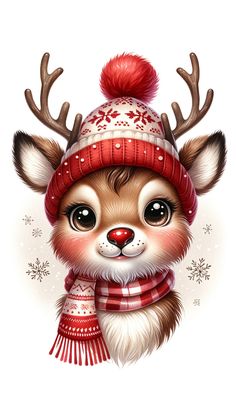 a cute little deer wearing a red hat and scarf