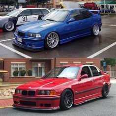 two pictures of different cars in the same parking lot, one is red and the other is blue