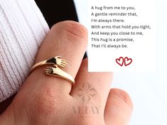 ABOUT PRODUCT This 14K Gold Hug Ring is suitable gift for girlfriend, mom and her. You can even buy as a birthday gift for your friends or anniversary gifts, If you want to add a special note we can write for you and put to inside of package. We manufacture our jewelry pieces with carefully and after production we double checking in quality control department. Our main idea is keep our items for daily wearing especially for minimalist jewelry pieces. 14K Gold Hug Ring, Unique Love Hugging Hands Gold Ring For Girlfriend, Love Hugging, Hug Ring, Ring Couple, Main Idea, Hand Ring, Ring Sale, Custom Ring, Custom Greeting Cards